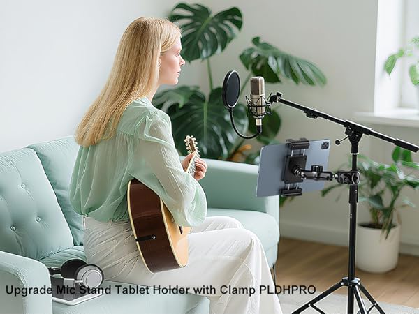 PLDHPRO Tablet Holder for Mic Stand, 360° Swivel iPad Music Stand Mount for Microphone with Clamp