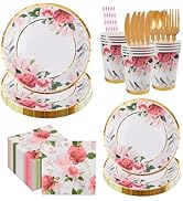 280pcs Spring and Summer Floral Party Supplies Red Flower Disposable Tableware Set Paper Plates P...
