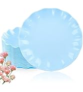 LIYH 20 Pcs Light Blue Plastic Plates Reusable 10 In - Unbreakable Scalloped Dinner Vave Plates f...