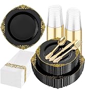 Hioasis 175pcs Black and Gold Plastic Plates - Elegant Disposable Dinnerware Set Suitable for 25 ...