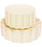 LIYH 50 Pcs Beige Plastic Plates Reusable Unbreakable Dinner Plates Scalloped Plastic Plate Dishw...