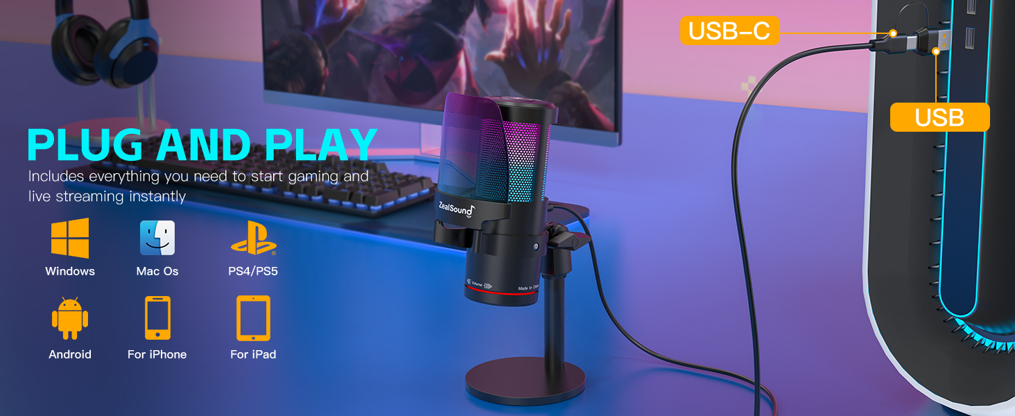 Noise Cancellation Gaming mic with Touch Mute,Gain,Monitoring