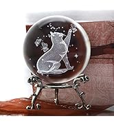 ZEERSHEE 60mm 3D Crystal Ball Glass Laser Engraved Cat Figurine Glass Cat Paperweight with Stand ...
