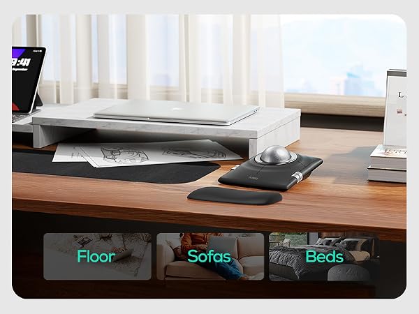 Text reads 'Floor' 'Sofas' 'Beds'. Interior scene showing wireless charging pad placement options on various furniture surfaces in a modern living space.