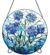 Suncatcher Stained Glass Window Hanging - Blue Flowers Cornflower Colored Glass Panel Round Sun C...