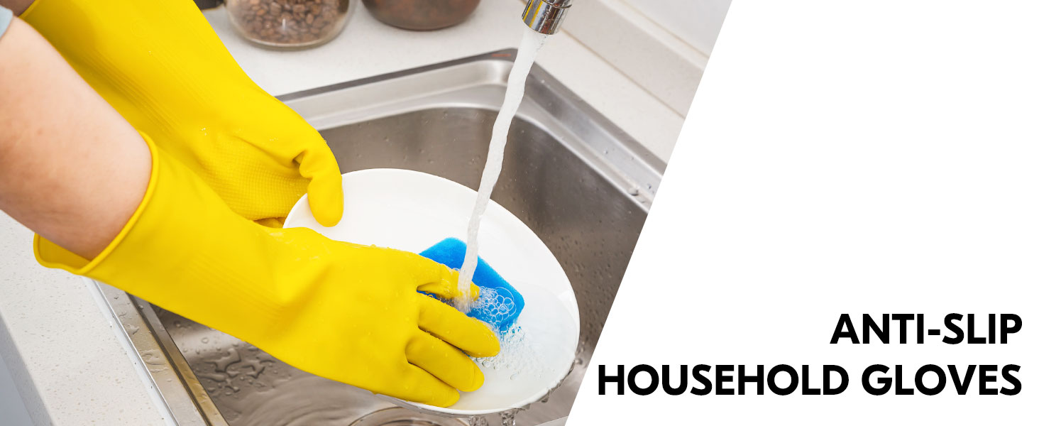 Yellow rubber gloves washing a white plate in a kitchen sink. Blue sponge visible. Text overlay reads 'ANTI-SLIP HOUSEHOLD GLOVES'.