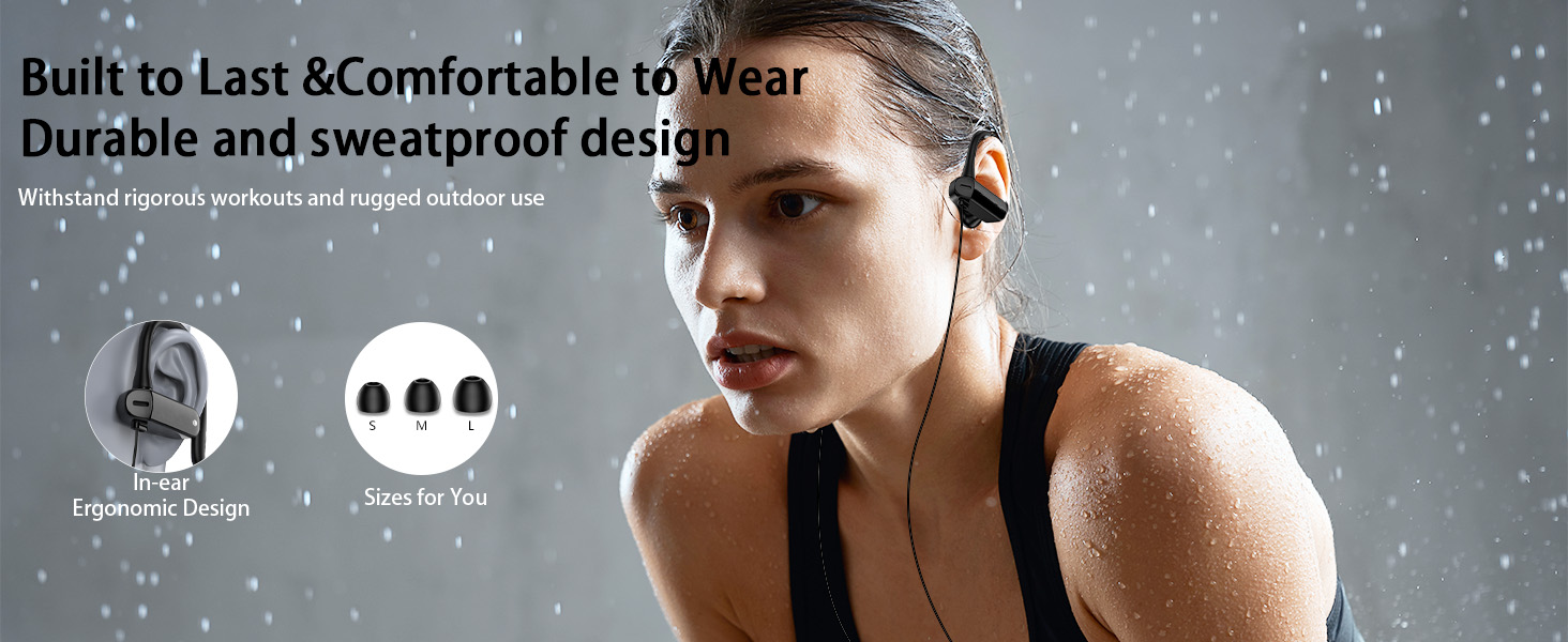 Wireless earbuds with ear hooks, shown worn by a person during exercise. Features include durable, sweatproof design, ergonomic shape, and multiple ear tip sizes for comfort.