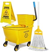 35 Qt Commercial Mop Bucket with Side Press Wringer on Wheels,Heavy Duty Industrial Mop and Bucke...