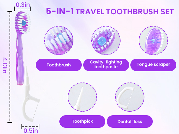 5-in-1 Mini Toothbrush Disposable with Toothpaste Floss Tongue Scraper Toothpick