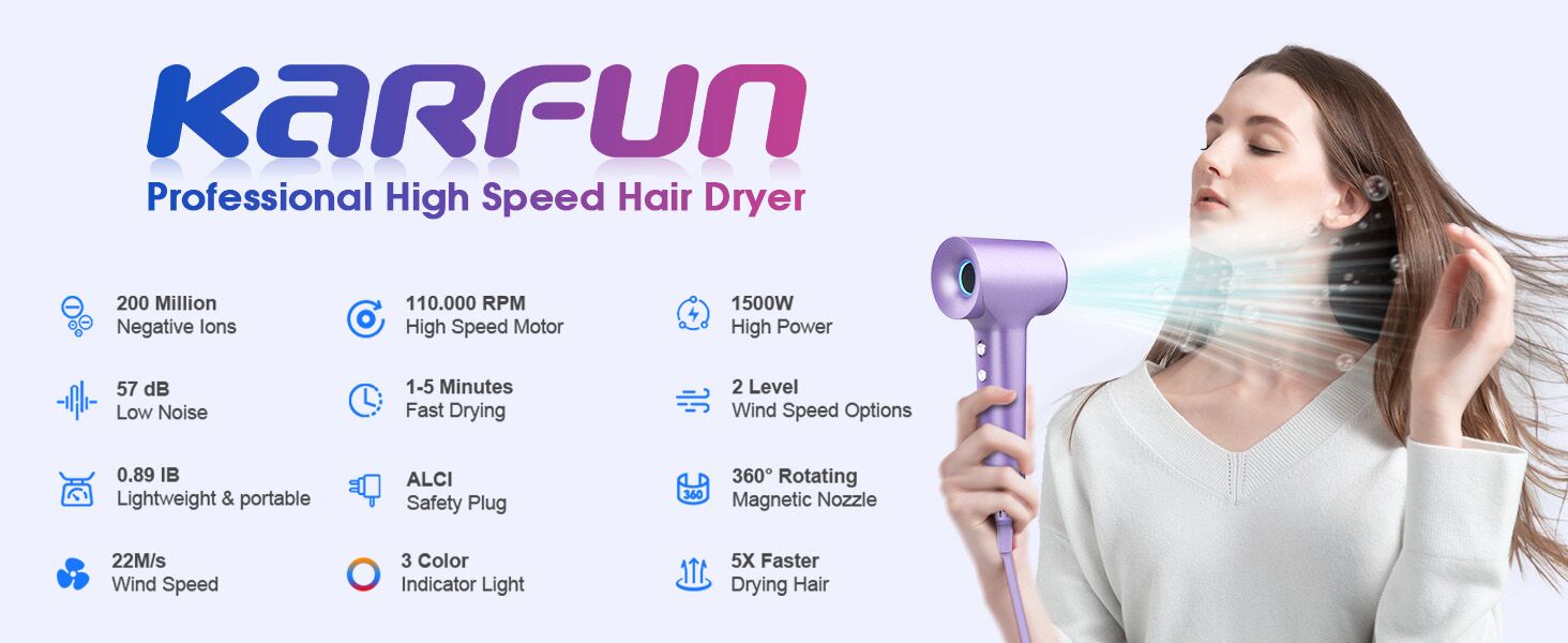 110000 RPM Hair Dryer, High-Speed Brushless Motor Fast Drying Blow Dryer, 57dB Low Noise Hair Dryer