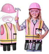 Pink Kids Tool Set with Construction Worker Costume for Girls Ages 3-5 - Toddler Dress Up Clothes...