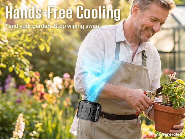 Hands-free portable waist fan clip on keeps gardeners cool while both hands hold plants and tools