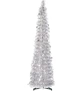 CCINEE 5FT Christmas Tinsel Tree Collapsible Stand Easy-Assembly Silver Tinsel Xmas Tree for Holi...