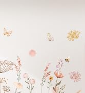 Delicate floral illustrations in pastel colors, featuring thin line drawings of flowers and botanical elements on light background.