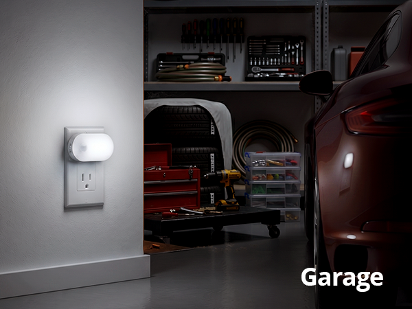 Ultra-bright 120LM plug-in night light for a dark garage.