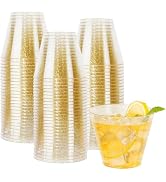 I00000 100pcs Gold Plastic Cups - 9 OZ Hard Gold Glitter Disposable Cups for Cocktail And Drinkin...