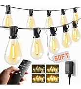 Sikitul 50FT LED Outdoor String Lights with Remote, One Continuous Strand Patio Lights with 16+1 ...