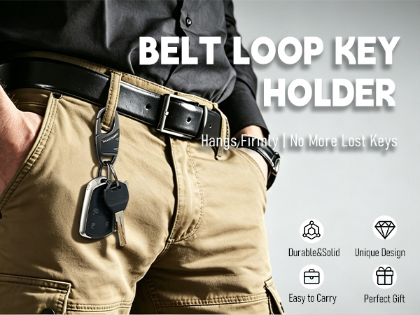 This key chain clip firmly secures on belt loops, freeing hands for outings and preventing key loss