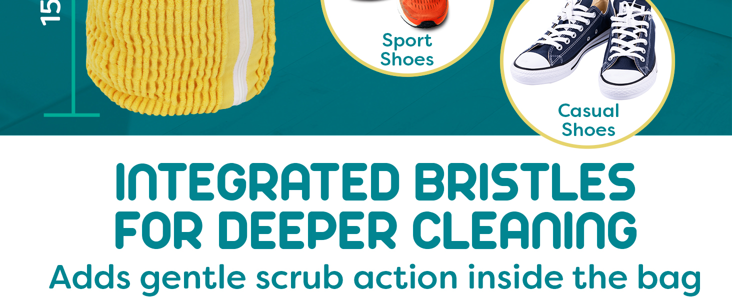 Text reads: 'INTEGRATED BRISTLES FOR DEEPER CLEANING Adds gentle scrub action inside the bag' with icons showing sport and casual shoes.