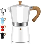 Stovetop espresso maker with white base, aluminum top, and wood-like handle. Side panel shows color variants in silver, blue, red, and black.