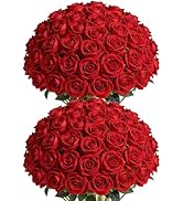 50 Pcs Fake Red Roses, Artificial Roses Red Flowers Silk Faux Rose Fake Red Roses with Stems for ...