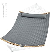 SUPERJARE 12 FT Quilted Fabric Hammock with Detachable Pillow, 2 Person Hammock with Spreader Bar...