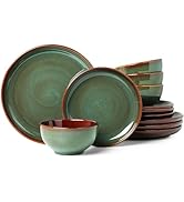 Pokini Stoneware Dinnerware Sets, Ceramic Plates and Bowls Set, Microwave & Dishwasher Safe Kitch...