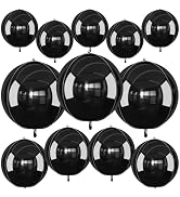 12Pcs Black Round Foil Balloons, 22" 15" 10" Metallic Black 4D Ball Balloons for Birthday Graduat...