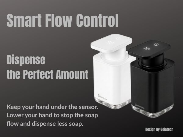Text reads 'Smart Flow Control', 'Dispense the Perfect Amount', 'Keep your hand under the sensor. Lower your hand to stop the soap flow and dispense less soap.' Automatic soap dispenser with white container and black sensor unit with control buttons.