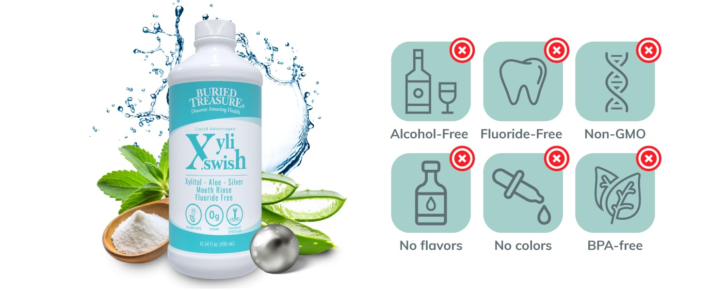 Buried Treasure Xyli Swish: Alcohol, fluoride, BPA, flavor, color & GMO-free mouth rinse.