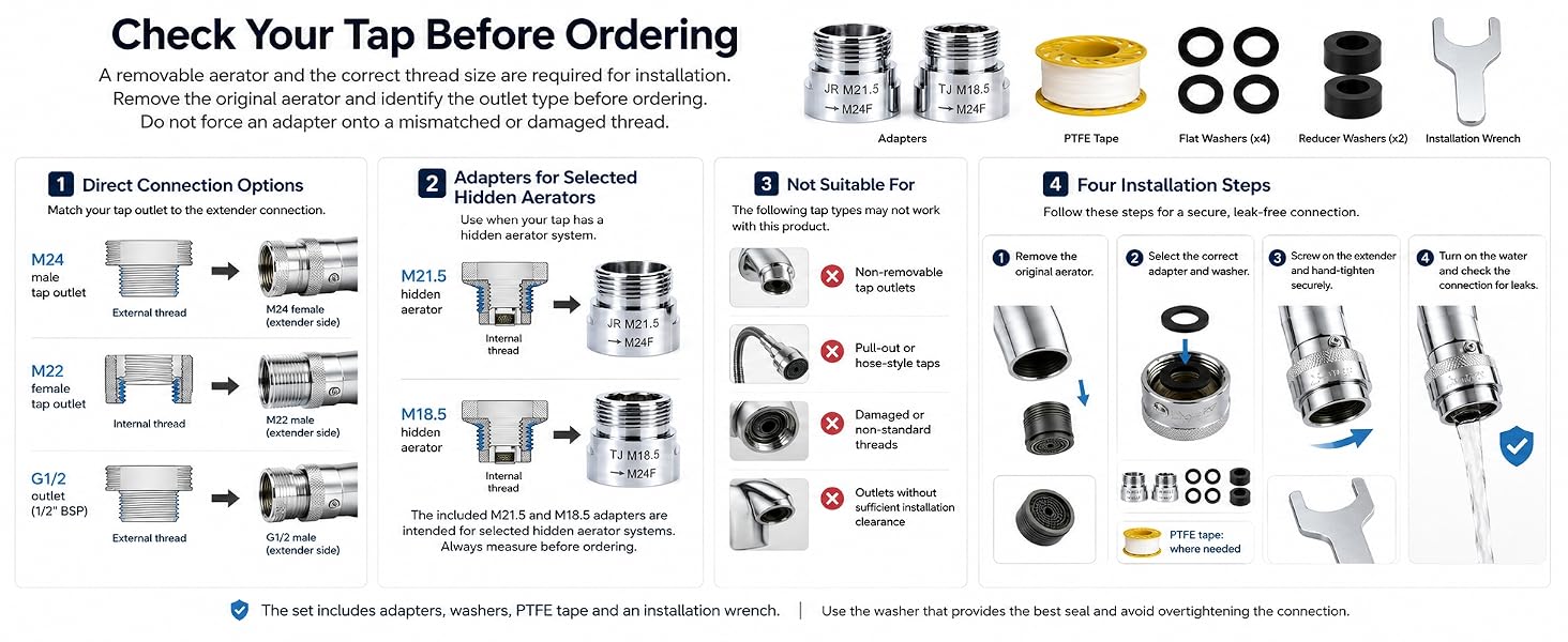 Text reads 'Check Your Tap Before Ordering' with comprehensive product specification chart showing various tap types, aerators, connectors, valves, and components with multiple reference icons.