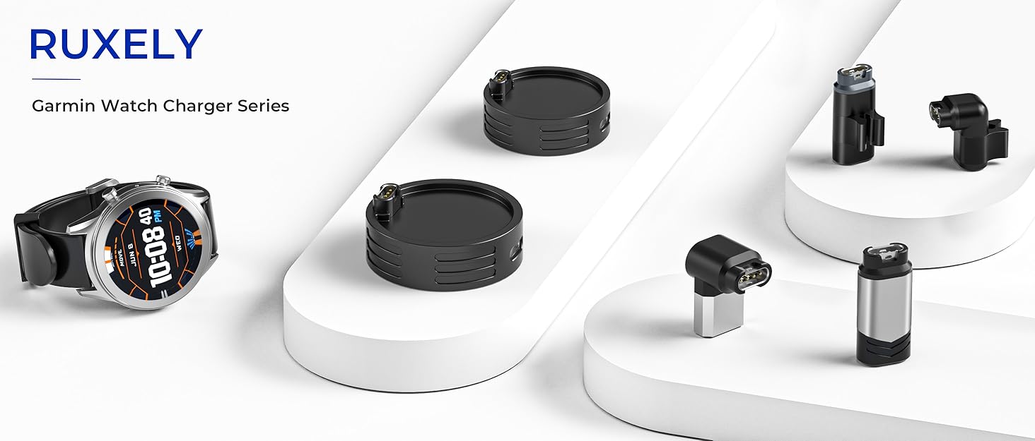 Text reads 'RUXELY'. Product showcase of black and white smart watch or fitness tracker components and accessories arranged in linear display.