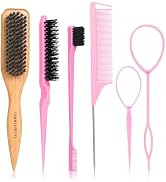 SAMEBUTECO 6pc Slick Back Hair Brush Set, Boar Bristle Wood Handle, 2 Topsy Tails, Edge Comb, Tea...