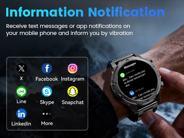 Text reads 'Information Notification'. Mobile app interface showing social media icons including Facebook, Instagram, Skype and Snapchat. Notification interface demonstrates message alerts on phone screen.