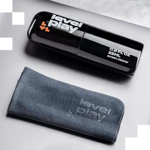 Screen cleaner set: black spray bottle labeled 'Level Play' and '0.8 FL OZ 25ML', alongside a gray microfiber cleaning cloth with embossed 'level play' text.