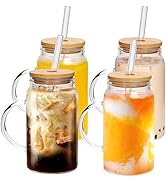 ANOTION Glass Cups 4 Packs, 16oz Coffee Cups with Lids and Glass Straws Coffee Mugs Clear Tumbler...