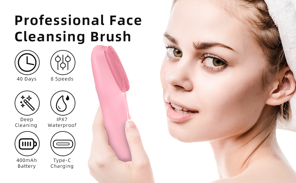 Text reads: 'Professional Face Cleansing Brush' with six circular icons showing product features. Pink facial cleansing brush device shown with product benefits represented by icons.