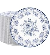 peony man 50 PCS Blue Floral Paper Plates Blue and White Flower Disposable Plates 9 Inch Large Di...