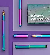 Text reads: 'KAWECO COLLECTION'. Arrangement of iridescent blue-purple fountain pens on purple background, displaying various pen sizes and styles.