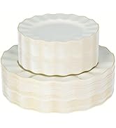 QualQuot 120PCS Ivory White Plastic Plates, Heavy Duty Disposable Party Plate with Gold Rim, Fanc...