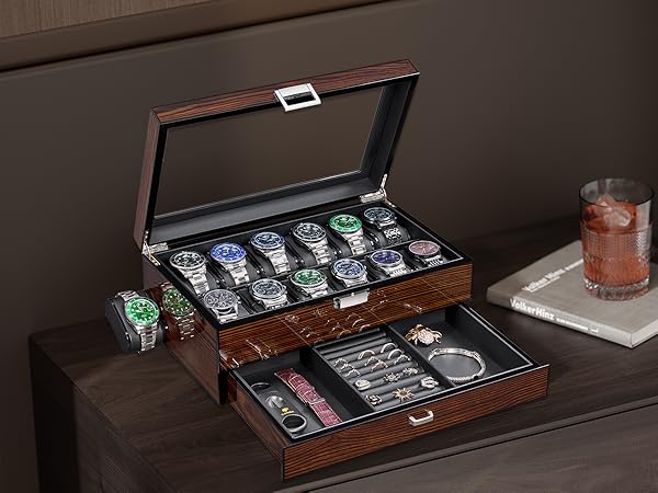 High-End Watch Box, 12-Slot Watch Case with Large Glass Lid, 2-Layer Wooden Watch Box for Men