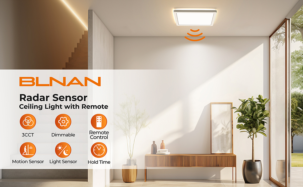 Dimmable Radar Motion Activated LED Ceiling Light with Remote Control