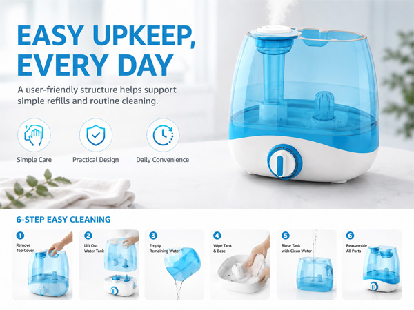 Cool mist humidifier showing easy cleaning steps and removable water tank