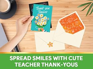 Cute thank you teacher card with a heartfelt message and school-themed design.