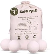 Ezhippie Quality Wool Dryer Balls - 4 XL Pack - 1000+ Loads - Pure Organic Wool - Reusable Natura...
