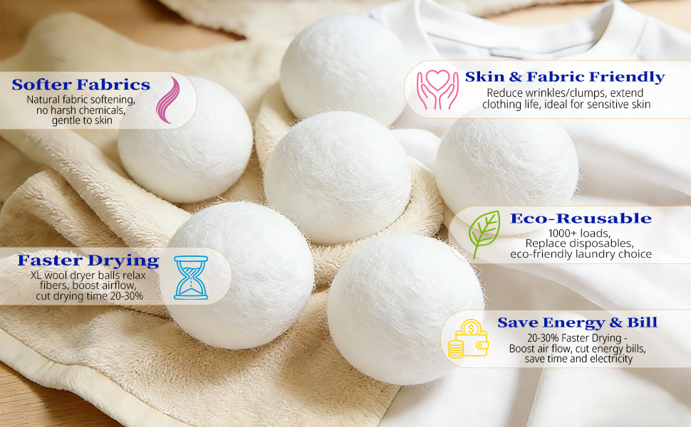 Wool dryer balls fluff fibers, separate clothes, reduce tangles/wrinkles, block lint/hair cling