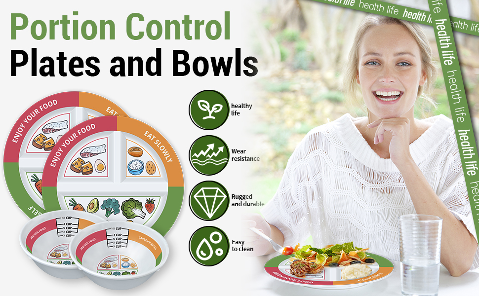 portion control plates and bowls, highlighting durability, easy cleaning, and a healthy lifestyle.