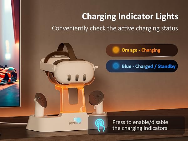 The charging dock has indicators on the support column and base sides.