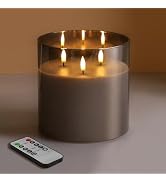 Girimax 3 Wick Grey Glass Flameless Candle with Remote, Large 6x6 inch LED Pillar Candle Battery ...