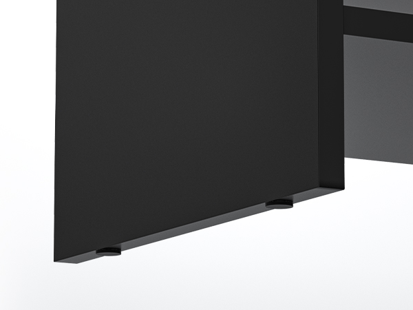 a close - up view of the front of a black metal cabinet with a white base.
